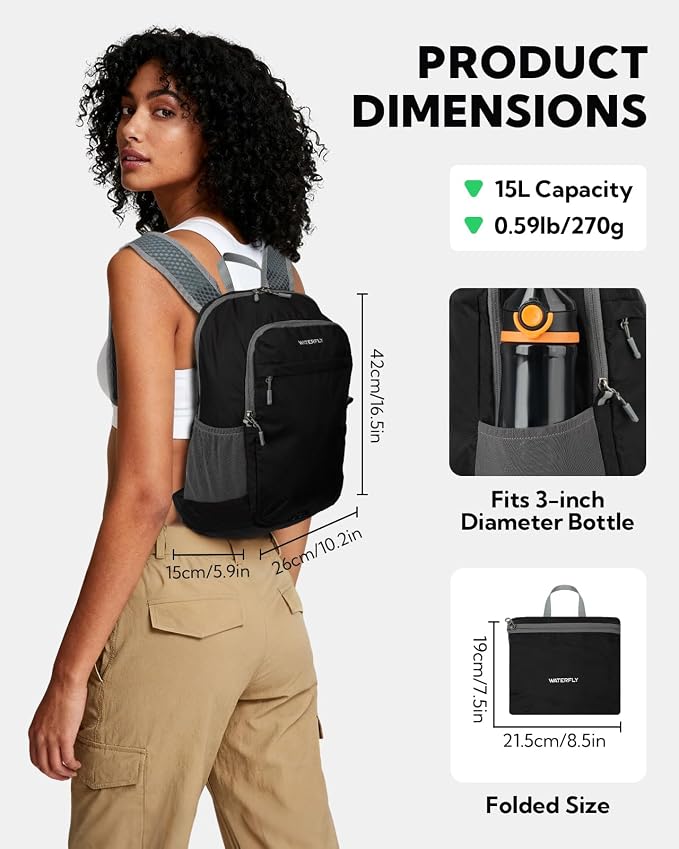 WATERFLY Small Packable Travel Backpack: 15L Lightweight Hiking Daypack | 0.59 lb,Water-Resistant Nylon,Breathable Straps,Reflective Strips,Phone Pocket,Multi-Pockets,Hiking,Cycling,Commute,Men Women