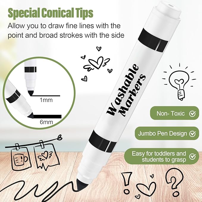 144 Pcs Black Washable Markers Bulk Broad Line Markers Set Classic Broad Tip Washable Drawing Pens for Kids, Teachers, Students, Party Favors, School Supplies, Donations