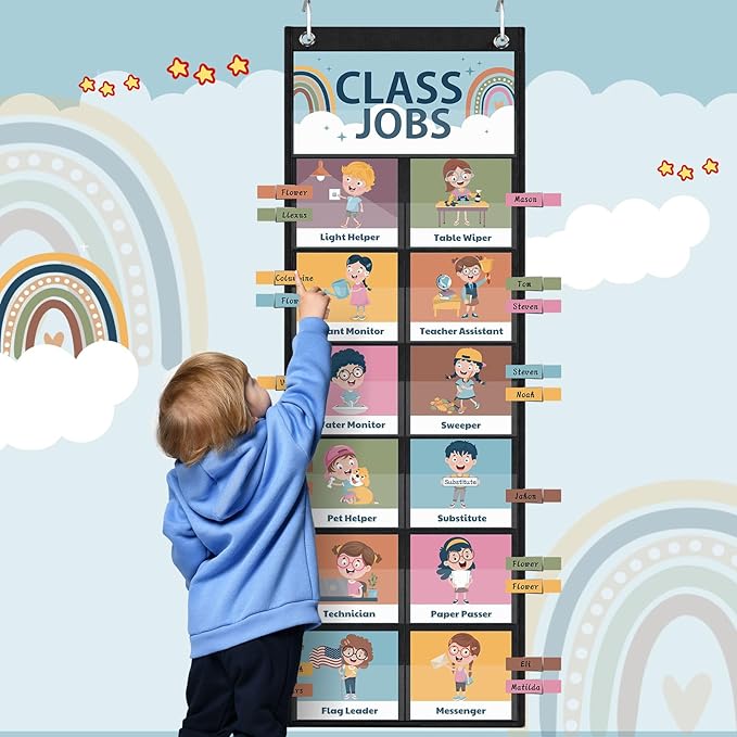 Pasimy Class Jobs Pocket Chart Class Helpers Pocket Chart Classroom Jobs Cards with Clips and Hooks Teacher's Helper Bulletin Board Set for Back to School Classroom Teacher Supplies (Boho)
