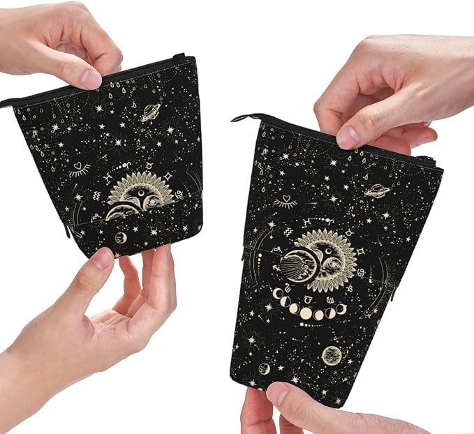 Moon and Sun Standing Pencil Case Cute Telescopic Stationary Pouch with Zipper Large Capacity Stand up Pen Bag Portable Makeup Holder for School Office Supplies