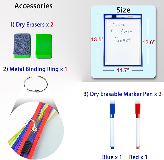 MILEKE Heavy Duty Dry Erase Pockets, Rewritable Dry Erase Sleeves for School and Work, Clear workSheet Protectors, 10" x 13.5" Plastic Ticket Holders, 6 Colors Assorted, Pack of 6