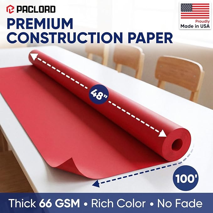 Red Construction Paper Roll 48" x 100 ft – Made in USA – 48" Bulletin Board Paper for Classroom & School, Teachers & Kids