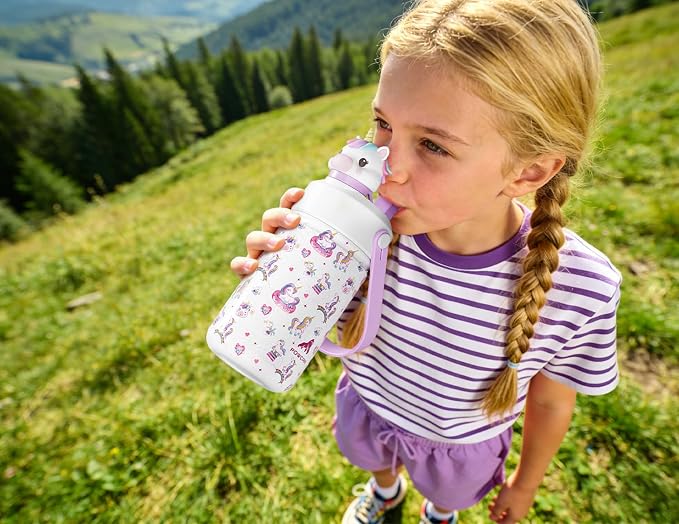 POWCAN 12 oz Kids Water Bottle for School: 2-in-1 Straw Spout Lid with Soft Animal Head, Leakproof, Keep Cold 24H, Backpack Friendly, BPA-Free, Stainless Steel Cup for Sports, Gift (Unicorn Starland)