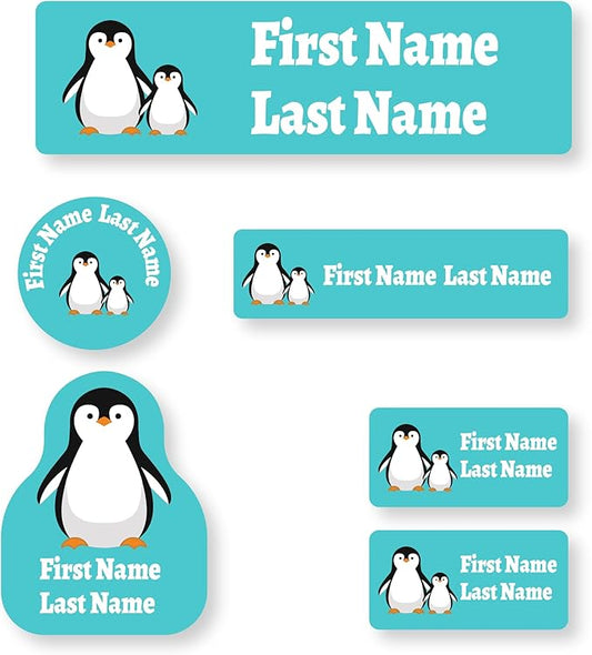 Personalized Kids Name Labels – Waterproof Custom Stickers for Daycare & School, Dishwasher & Laundry Safe (Light Blue Penguin)
