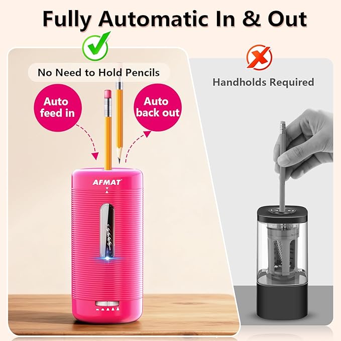 AFMAT Electric Pencil Sharpener, Fully Automatic Pencil Sharpener, Auto in & Out, Rechargeable Hands-Free Sharpeners for Jumbo & Colored Pencils (6.5-12mm), Portable for Home/Classroom/Office PSC2