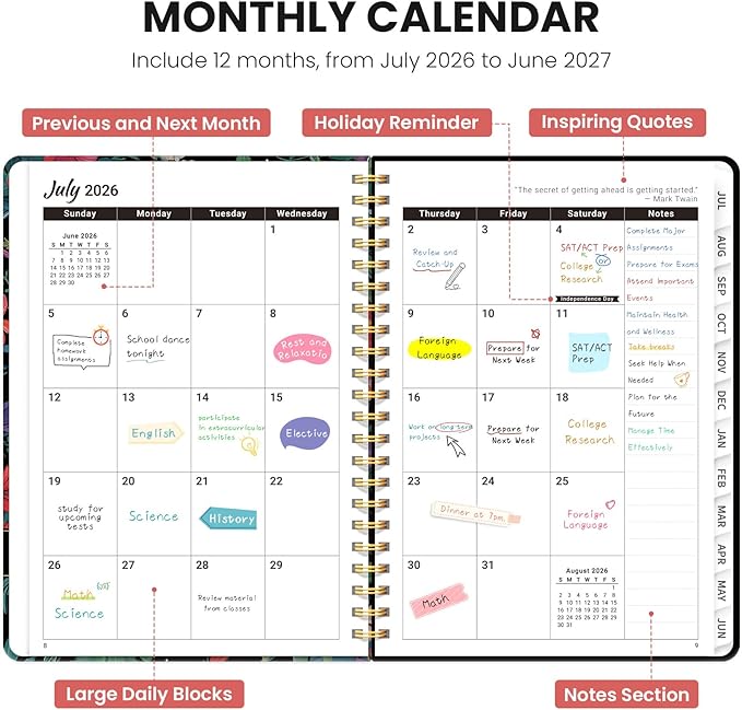 Planner 2026-2027, Academic Planner Weekly and Monthly, Jul 2026 - Jun 2027, Spiral Bound School Planning Tool with Tabs and Pocket, Perfect for Students & Teacher, 6.3" x 8.5", Hummingbird