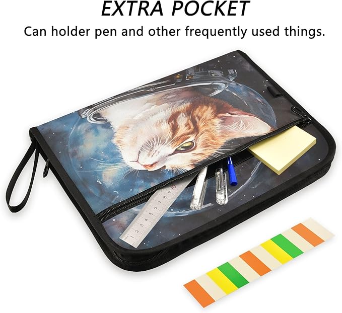 Cat Astronaut Watercolor 13 Pocket File Organizer Expanding File Folder with Front Pouch Portable Business File Storage Document Organizer Folder with Zipper