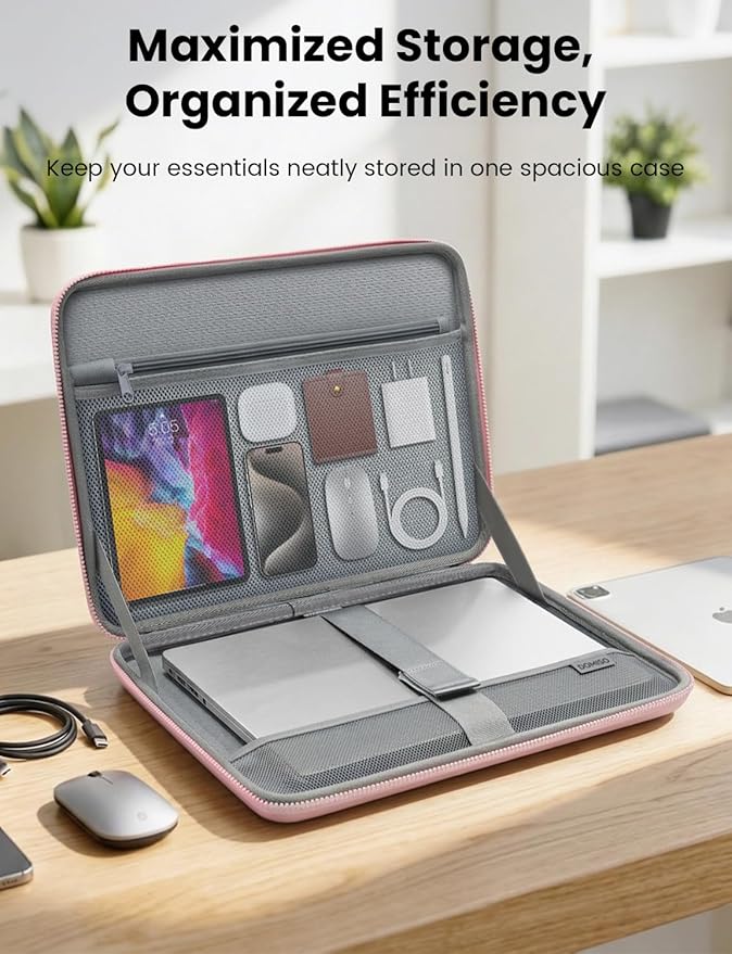 DOMISO Laptop Hard Case 14-14.4 inch Waterproof Shockproof Hard Shell Laptop Sleeve with Handle & Storage Pocket, Compatible with MacBook, HP, Dell,Pink