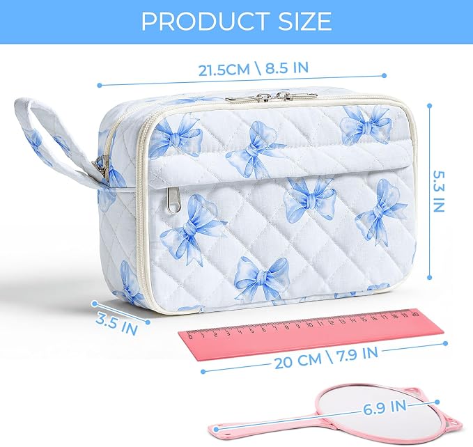 WOBAGMEN Quilted Pencil Pouch for Women, Large Capacity Pencil Case with Compartments, Cute Aesthetic Pencil Organizer, Floral Stationery Pouch（Blue Bow）