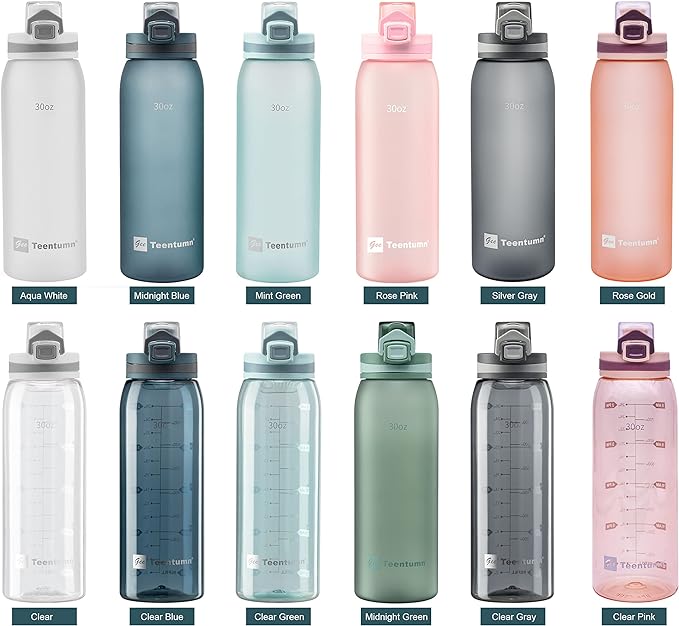 30oz Sport Water Bottle with Time Markers, Large Durable Gym Clear Plastic Bottle Tritan BPA Free for Fitness, Outdoor Enthusiasts, Leakproof Green (Pack of 1)