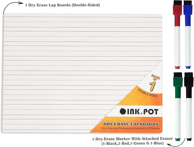 Dry Erase Board for Kids 9 x 12 Double Sided Lined/Blank Dry Erase Lapboard W/ 4 Markers for Home/School (1 Piece/Set)