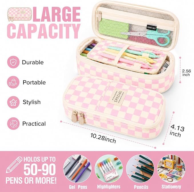 Pencil Case, Large Capacity Aesthetic Pencil Cases with Durable Zipper, Big Stationery Pencil Pouch for Women & Men , Adults Portable Storage Organizer Bag for College, Office, Travel (Pink Grid)