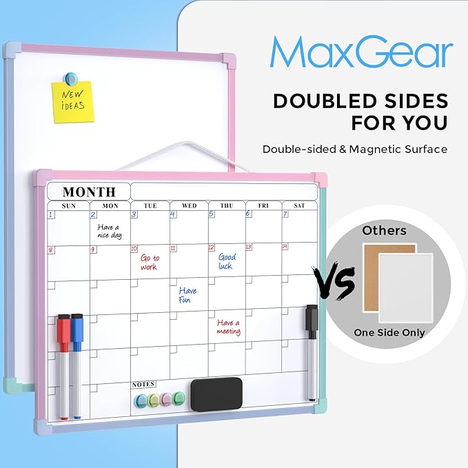 MaxGear Monthly Calendar Dry Erase Board for Wall, 16"x12" Small Hanging Double-Sided White Board, Portable Whiteboard for Planning, Drawing, Memo, to Do List, School, Home, Office, Macaron Frame