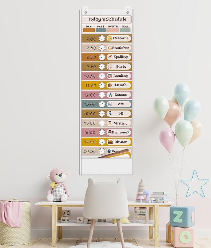 15+1 Pockets Daily Schedule Pocket Chart with 24 Double Sided Cards, Visual Classroom Schedule Pocket Chart, School Teachers Supplies for Classroom, Boho White