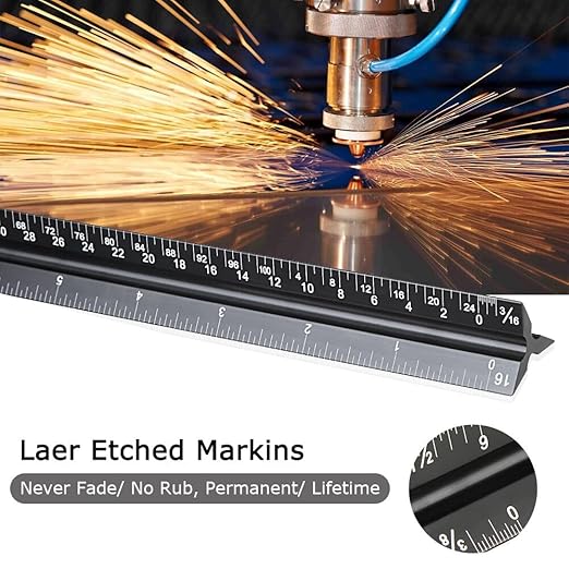 Architectural Scale Ruler, Triangular Architect Ruler 12 Inch Aluminum, Laser Etched Imperial Engineering & Drafting Tool