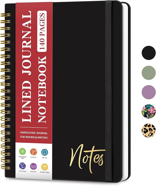 ZOTIA Lined Spiral Journal Notebook for Women, A5 College Ruled Journals for Writing, Hardcover Notebooks for Work, Note taking and Office School Supplies,140 Pages - Black