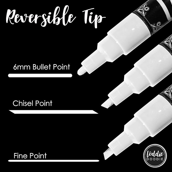 Loddie Doddie Liquid Chalk Markers - Pack of 4, Basic Colors, 6mm Tip - Washable Window Markers - Erasable Pens for Chalkboard Calendar - Fine Tip Chalk Pens for Precision Details