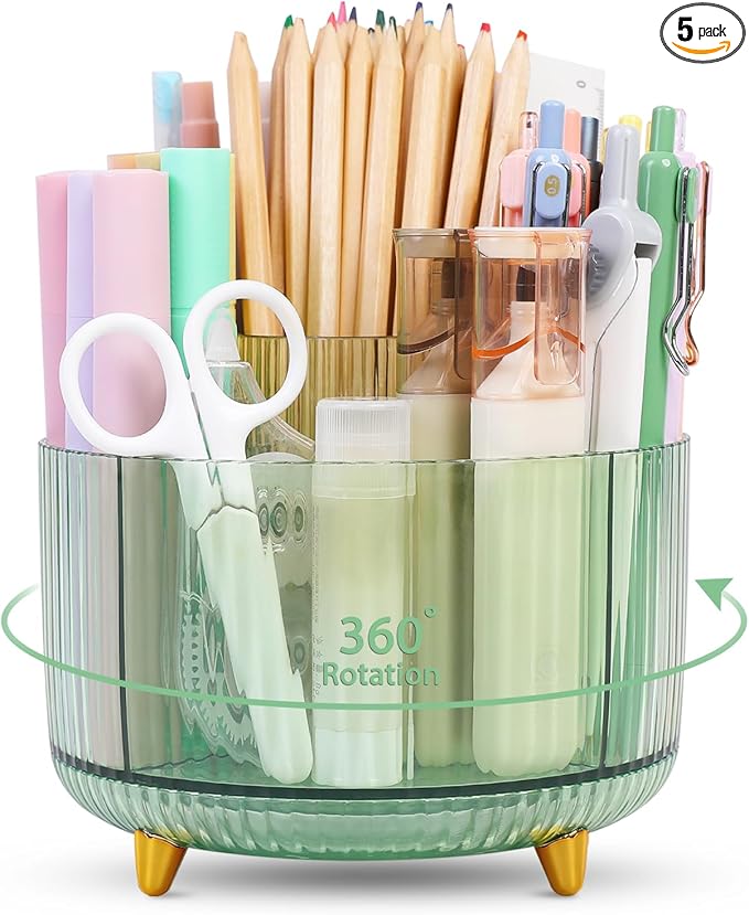 SKYDUE Rotating Pencil Pen Holder, Pen Organizer with 5 Slots - Aesthetic Desk Organizer and Accessories for School, Home, Office Supplies, Clear Green