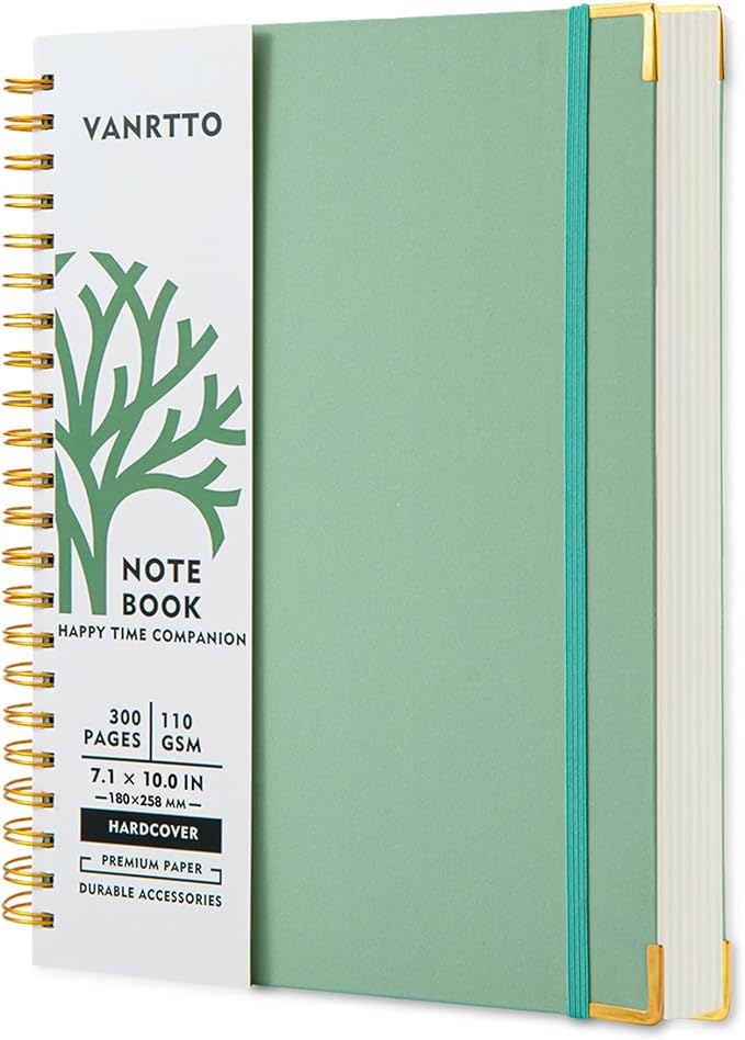 VANRTTO Hardcover Spiral Notebook, B5 Notebooks College Ruled, 110 GSM Thick Lined Paper Notebooks for Work, School and Travel, 300 Pages Journals for Writing, Large Journal for Women and Men Green B5