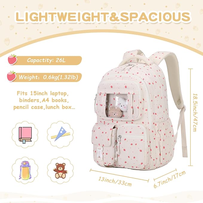 PIG PIG GIRL Corduroy Backpack Kids Backpack for Girls School Bags for Middle School Students Book Bag for Elementary Primary Kawaii Ita Backpack, Beige Strawberry