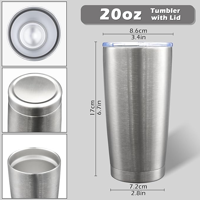 AIANJI 20oz Tumbler Bulk Stainless Steel Tumblers with Lid Vacuum Insulated Double Wall Travel Coffee Mug Powder Coated Tumbler Cup for Hot and Cold Drinks(Stainless Steel, 6 pack)