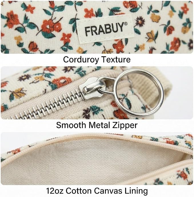 Soft Corduroy Pencil Case Pen Pouch Organizer, Small Stationery Bag | Off-white small floralpencil pouch, smooth zipper, daily cosmetics holder, compact organizer for school teen girls, women