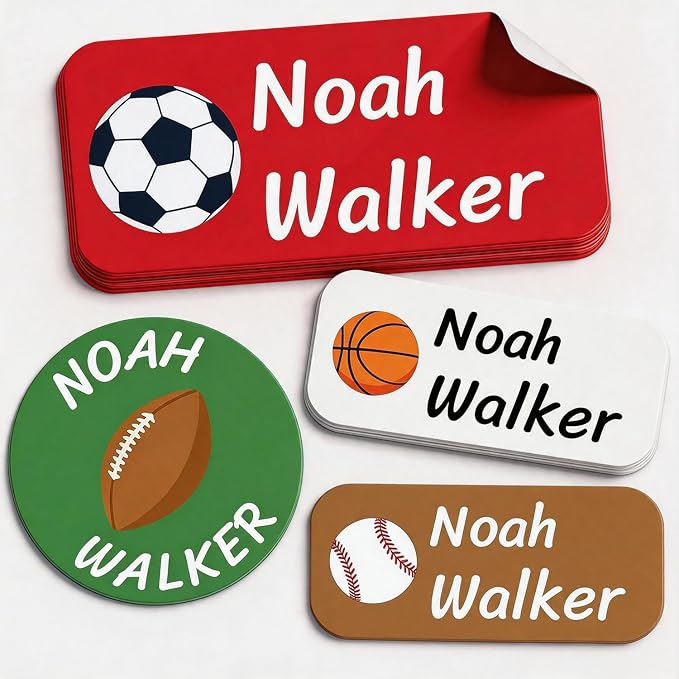 Waterproof Custom Name Stickers (135 Labels) - Personalized Daycare Labels for Clothing, Water Bottles, Lunch Boxes & School Supplies - Ideal for Camp & Daycare - No-Iron (Sports)