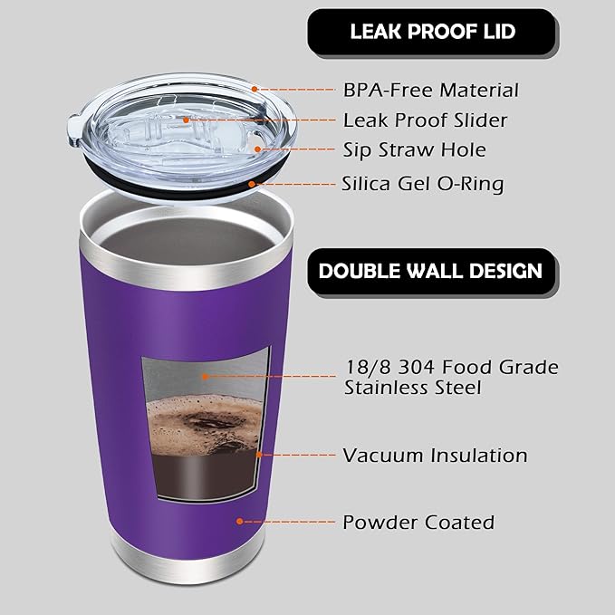 AIANJI 20oz Tumbler Bulk Stainless Steel Tumblers with Lid Vacuum Insulated Double Wall Travel Coffee Mug Powder Coated Tumbler Cup for Hot and Cold Drinks(Purple, 1 pack)