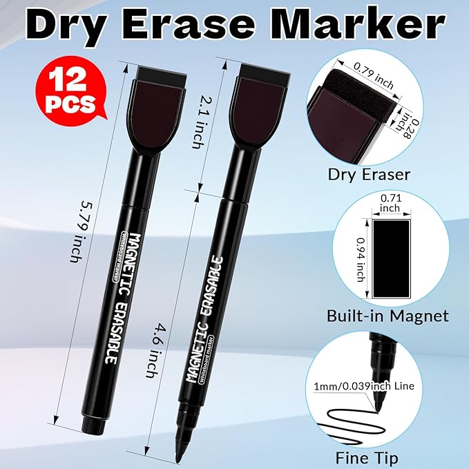 12 Pcs Dry Erase Markers, Black Magnetic Erasable Whiteboard Markers, 1 mm Fine Tip Dry Erase Marker with Eraser, Low Odor Thin Markers for Glass Whiteboards Mirrors Calendar Office