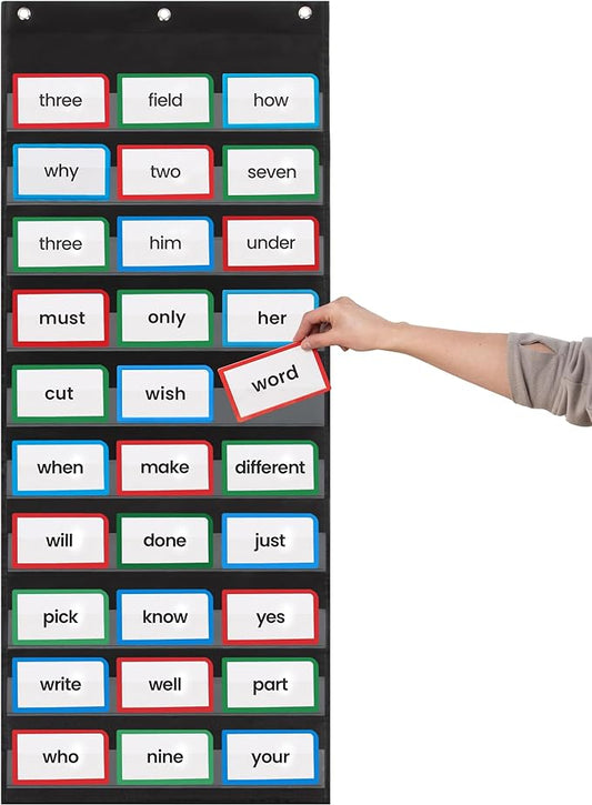 Essex Wares - 17" Wide x 44" Tall Pocket Chart, Black - Sturdy Pocket Chart for Classroom for Sentence Strips - Easy to Use & Hang, Reusable Black Pocket Chart