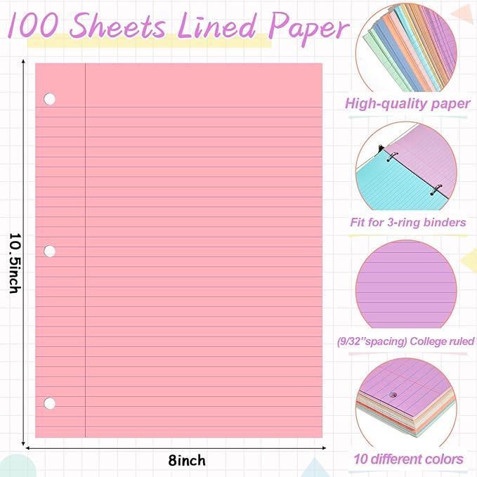gisgfim 100 Sheets Loose Leaf Binder Paper, 8" x 10.5" Colored College Ruled Paper, 3 Hole Punched Lined Refill Inserts Thicken for 3-Ring Binders Notebooks Planner Writing School Office (Sweet Color)