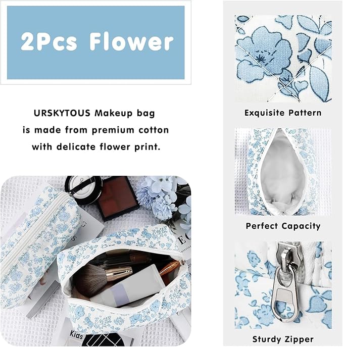 URSKYTOUS 2Pcs Floral Makeup Bag for Women Cotton Quilted Small Coquette Cosmetic Bag Cute Zipper Blue Flower Makeup Pouch Aesthetic Portable Pencil Case Travel Toiletry Bag Trendy Cloth Skincare Bag