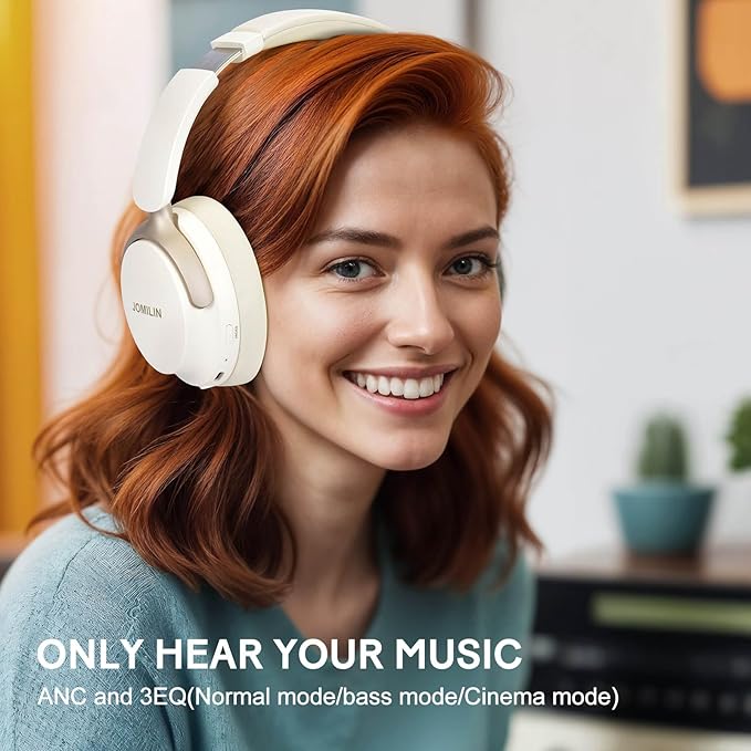 JOMILIN C5 Active Noise Cancelling Headphones, Wireless Over Ear Bluetooth Headphones, 3EQ Modes via Button, 60H Playtime Lightweight Folding Stereo Bass Headset with Mic, for Travel Home Beige White