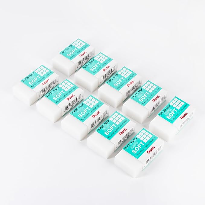 Pentel Clean Eraser, No Mess- No Residue, Hi-Polymer Soft Erasers for Pencils - White - 10 Pack - for Art, Office, and School use (10)