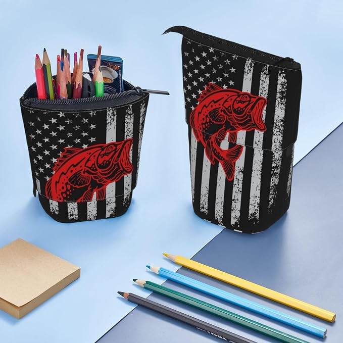 Fishing American flag Standing Pencil Case Cute Telescopic Stationary Pouch with Zipper Large Capacity Stand up Pen Bag Portable Makeup Holder for School Office Supplies