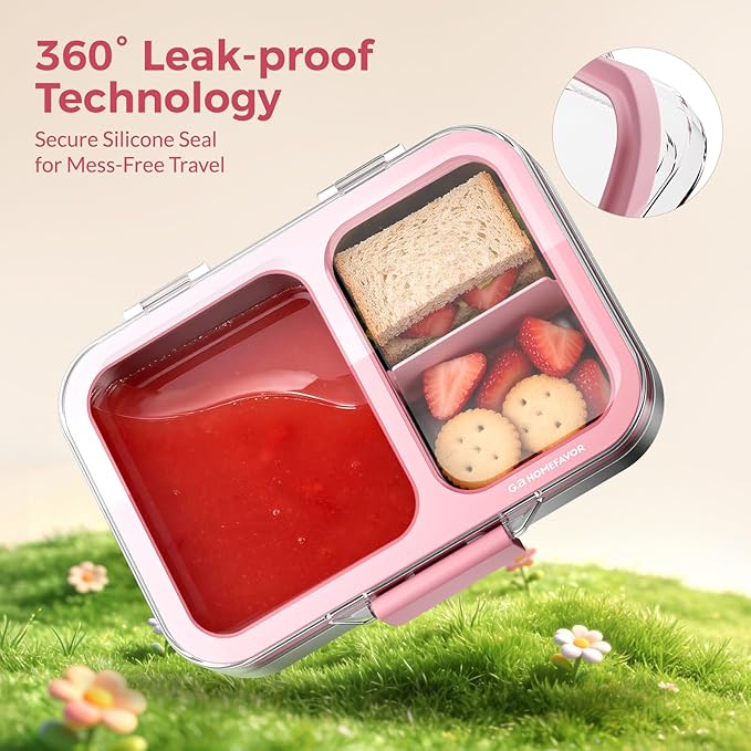 G.a HOMEFAVOR Stainless Steel Lunch Box - 2 Compartments Bento Box for Kids, Leakproof Food Container for School, Dishwasher Safe, BPA-Free, 1150 ml/38 oz, Pink