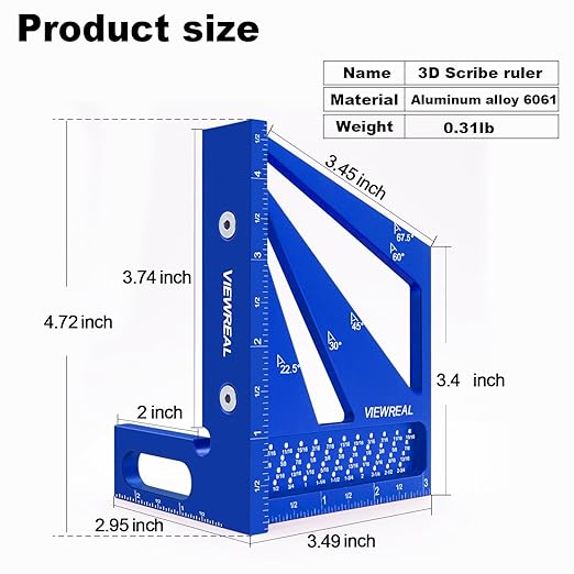 3D Multi Angle Measuring Ruler Aluminum Alloy Woodworking Square,Versatile Square Tool with Preset Angles from 22.5° to 90° Ideal Layout Tool for Carpentry, Engineering & DIY Projects