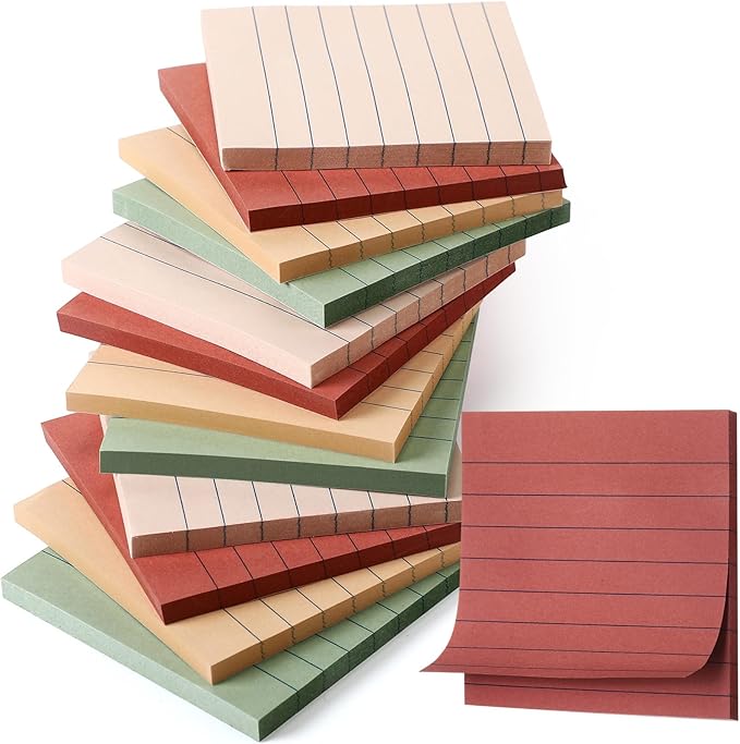 AmazingSpark 12 Pack Vintage Lined Sticky Notes 3x3 inch Post Ruled Stickies Super Self Stick Power Memo Pads Multi Colors Notes Pads Vintage Aesthetic School Office Supplies Accessories