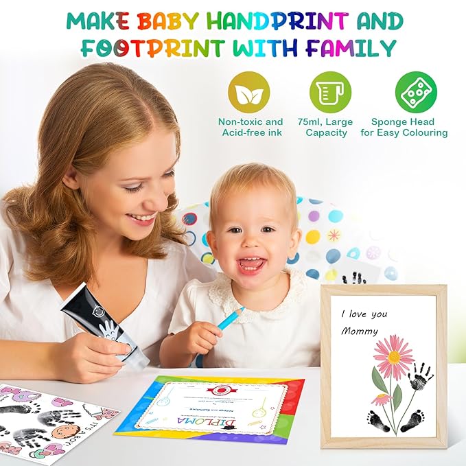 Baby Hand and Footprint Paint with Sponge Head, 2.54 fl oz, Non-Toxic & Acid-Free, Washable Baby Safe Paint for Newborn Keepsakes, Dog Nose & Paw Prints, Ideal New Mom Gift - Black