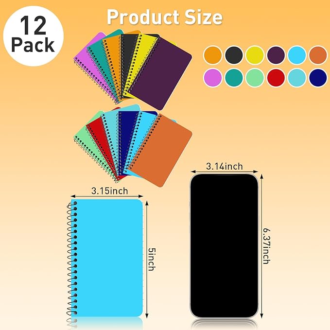 12 Pack Small Spiral Notebooks,3 x5 In Spiral Journal Notebooks with Lined Pages,Memo Pads,College Ruled Paper,Mini Pocket Notebooks for Work School,60sheets