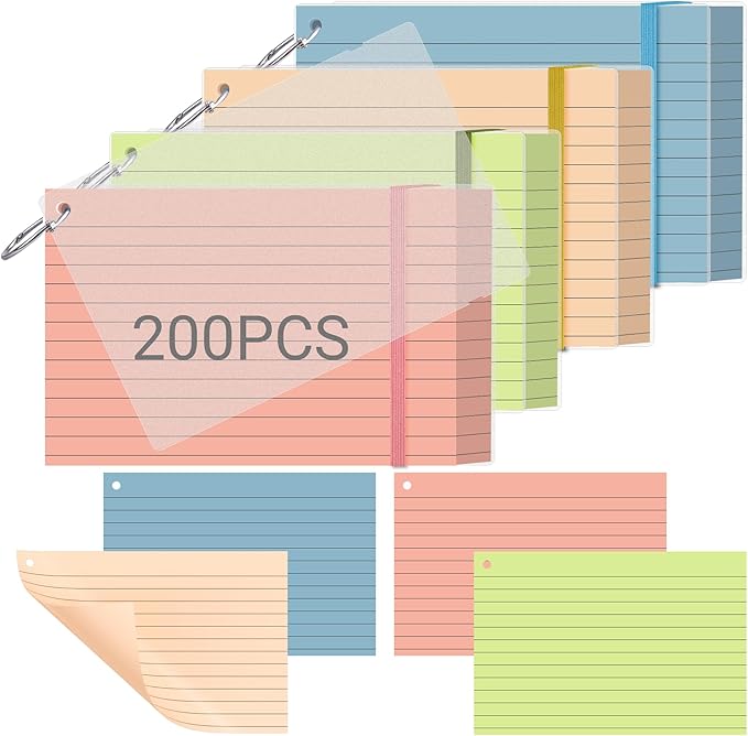 HAUTOCO 200 PCS Colored Flash Cards 4x6 with Rings, Ruled Index Cards with Waterproof Dividers, 4 Colors Study Notecards for Students, Teachers, Exam Prep, Office