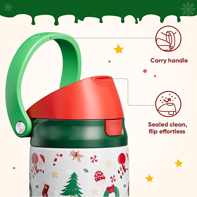 Christmas Insulated Water Bottle with Straw - Leak Proof Stainless Steel Water Bottle for School, Travel, Keeps Cold All Day, One-Touch Flip Lid, Holiday Gifts For Women Men, 24 oz, Santa Parade
