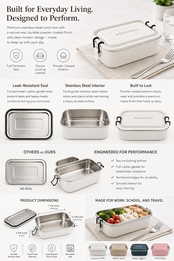 Stainless Steel Lunch Box, Leak-Resistant Bento Food Container with Locking Clips, Powder-Coated Metal Meal Prep Box for Work, Travel & Adults, 30 oz (900 ml) Pink Skies