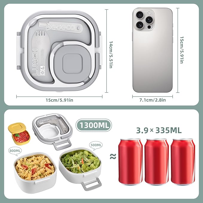 PEDECO Double-Layer Bento Lunch Box for Kids & Adults with Removable Stainless Steel Dividers,Dressing Container,BPA-Free,Dishwasher Safe - Includes Utensil,(White,Non-Insulated)