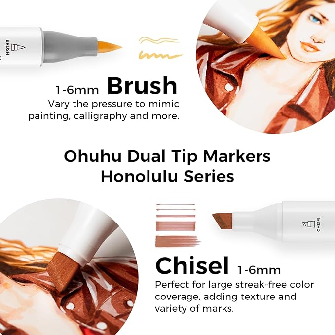 Ohuhu Skin Tone Alcohol Markers Brush Tip - 36 Portrait Skin Color Markers for Artist Adults Coloring Illustration - Chisel and Brush Dual Tips - Honolulu - Refillable - AP Certificated