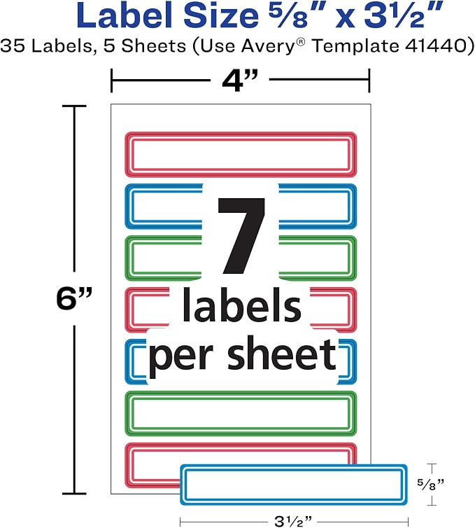 Avery Durable Labels for Kids' Gear, 5/8" x 3-1/2", Assorted Border Colors, Water-Resistant Labels, 35 Total (41440)