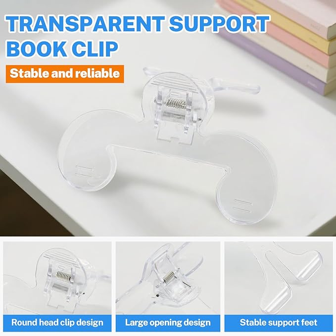 3-Pack Crystal-Clear Book Page Holder Clips - 12° Hands-Free Reading Stand & Page Keeper, High Clarity PC Book Clips for Secure Grip (Transparent)