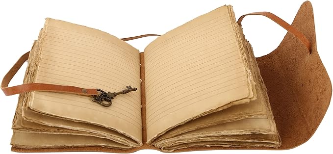 Leather Journal with Deckle Edge Paper 8x6 inch and Vintage Key | Handmade Writing Notebook Diary | Bound Daily Notepad for Men & Women Medium, Sketch/Writing pad for Artists