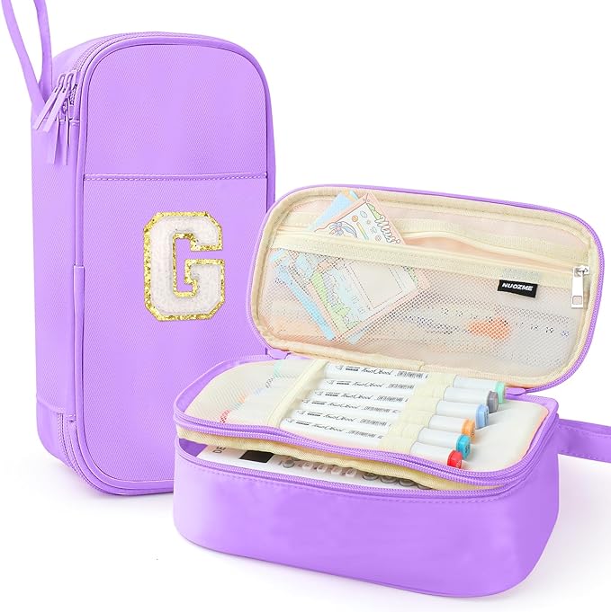 Large Pencil Case,Big Capacity Pencil Pouch,Personalized Initial Pencil Bag with smooth zipper,Multiple Pockets,Cute Aesthetic Stationery Pen Case Bag for Teen Girls College (Purple, G)