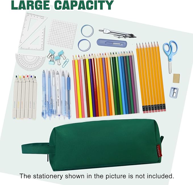 Fmeida Pencil Case Pouch - Water Resistant Pencil Pouch Portable Pencil Bag Simple Office Stationery Pouch with Handle Back to School Supplies - Dark Green